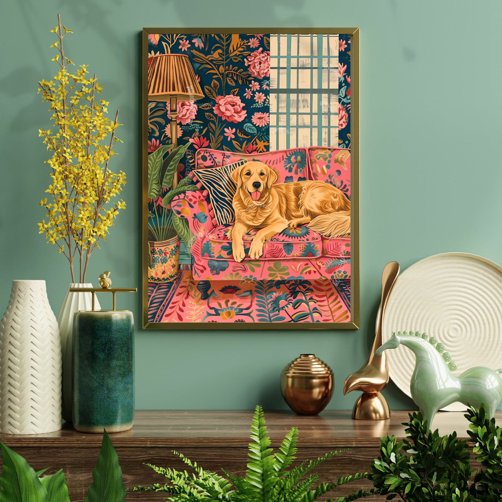 Golden Retriever Lounging on a Luxury Sofa - Maximalist Wall Art - Golden Retriever Print - Maximalism Dog Print LiveOakPrint