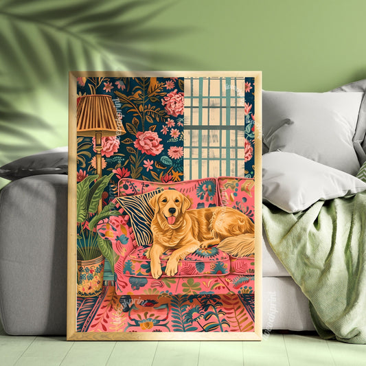 Golden Retriever Lounging on a Luxury Sofa - Maximalist Wall Art - Golden Retriever Print - Maximalism Dog Print LiveOakPrint