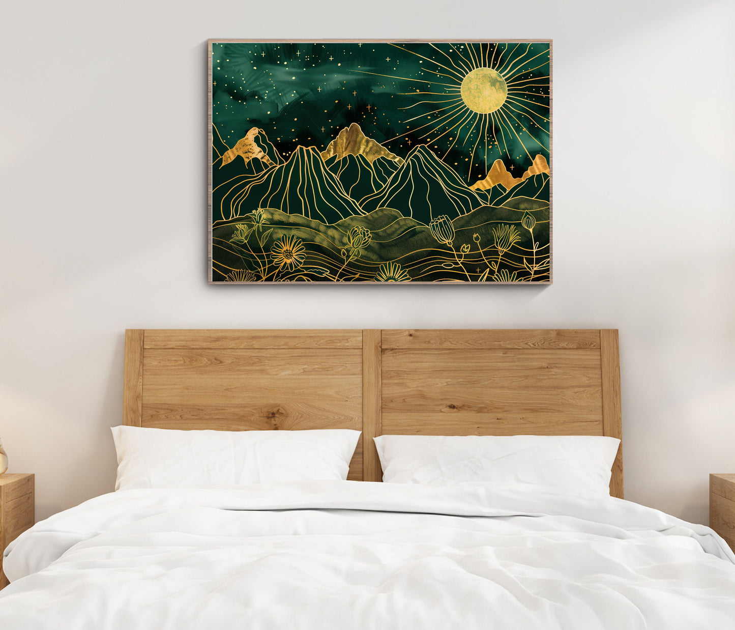 Green and Gold Shining Sun Print - Mountain Wall Art - Celestial Wall Art - Boho Home Decor - Whimsical Wall Art - Dark Academia LiveOakPrint