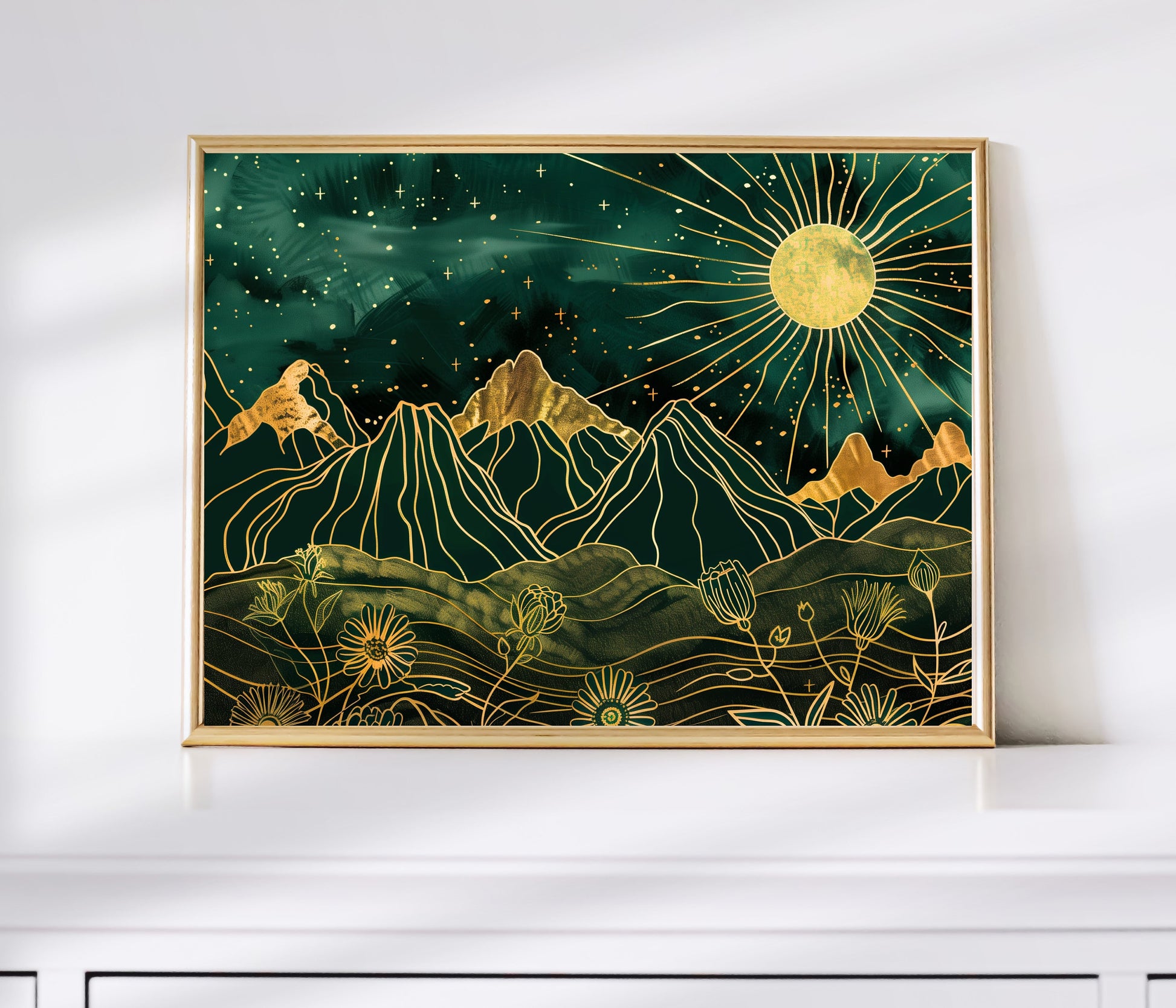 Green and Gold Shining Sun Print - Mountain Wall Art - Celestial Wall Art - Boho Home Decor - Whimsical Wall Art - Dark Academia LiveOakPrint