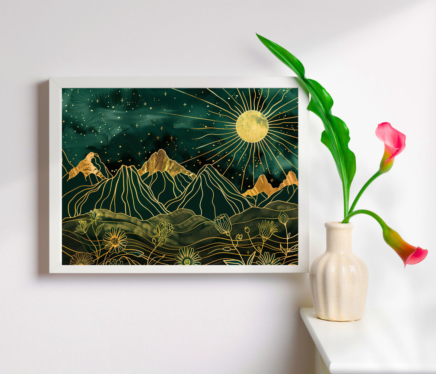 Green and Gold Shining Sun Print - Mountain Wall Art - Celestial Wall Art - Boho Home Decor - Whimsical Wall Art - Dark Academia LiveOakPrint