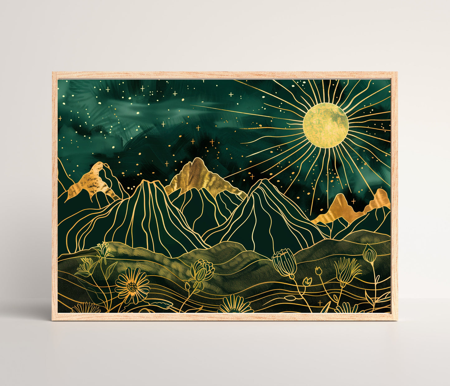 Green and Gold Shining Sun Print - Mountain Wall Art - Celestial Wall Art - Boho Home Decor - Whimsical Wall Art - Dark Academia LiveOakPrint