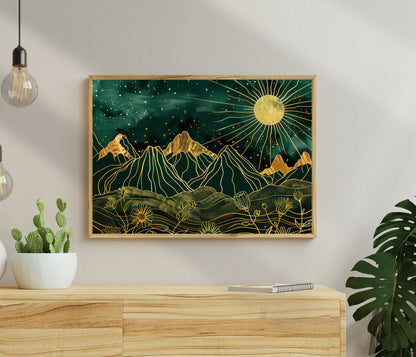 Green and Gold Shining Sun Print - Mountain Wall Art - Celestial Wall Art - Boho Home Decor - Whimsical Wall Art - Dark Academia LiveOakPrint