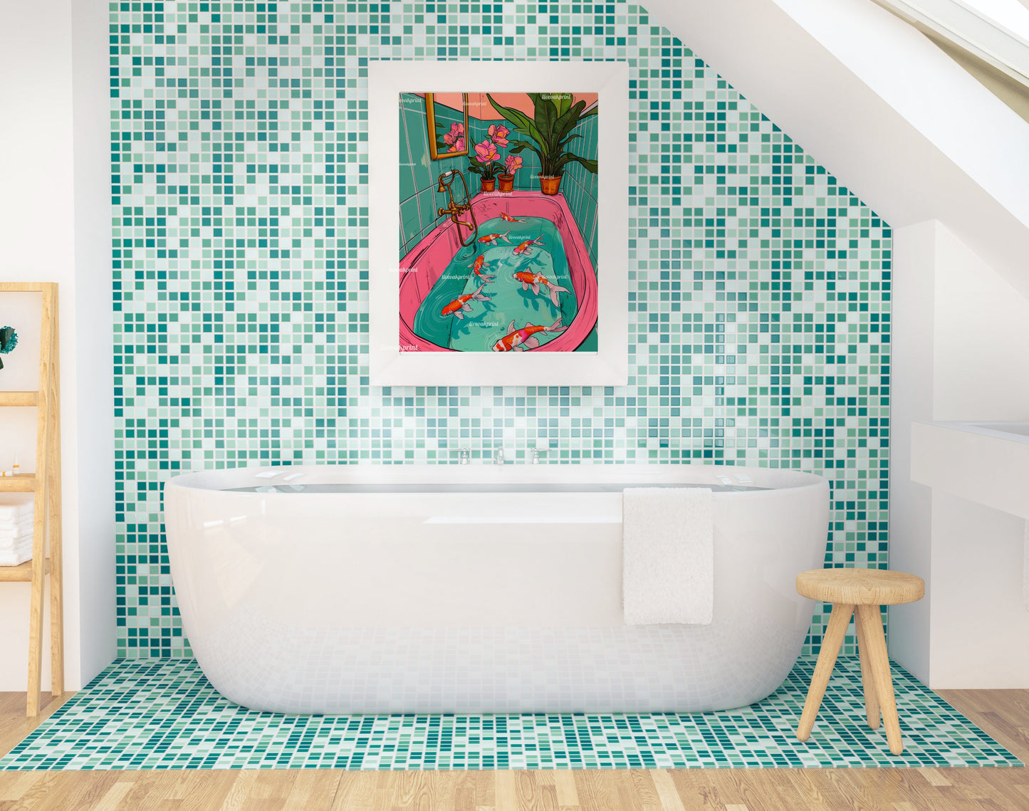 Koi Fish Swimming In A Retro Bathtub - Maximalist Bathroom Decor - Fish Bathroom Print - Maximalist Bathroom Print- Koi Wall Decor LiveOakPrint