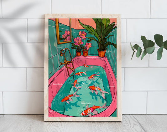 Koi Fish Swimming In A Retro Bathtub - Maximalist Bathroom Decor - Fish Bathroom Print - Maximalist Bathroom Print- Koi Wall Decor LiveOakPrint