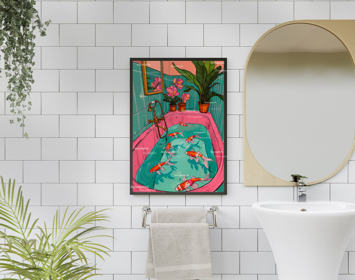 Koi Fish Swimming In A Retro Bathtub - Maximalist Bathroom Decor - Fish Bathroom Print - Maximalist Bathroom Print- Koi Wall Decor LiveOakPrint