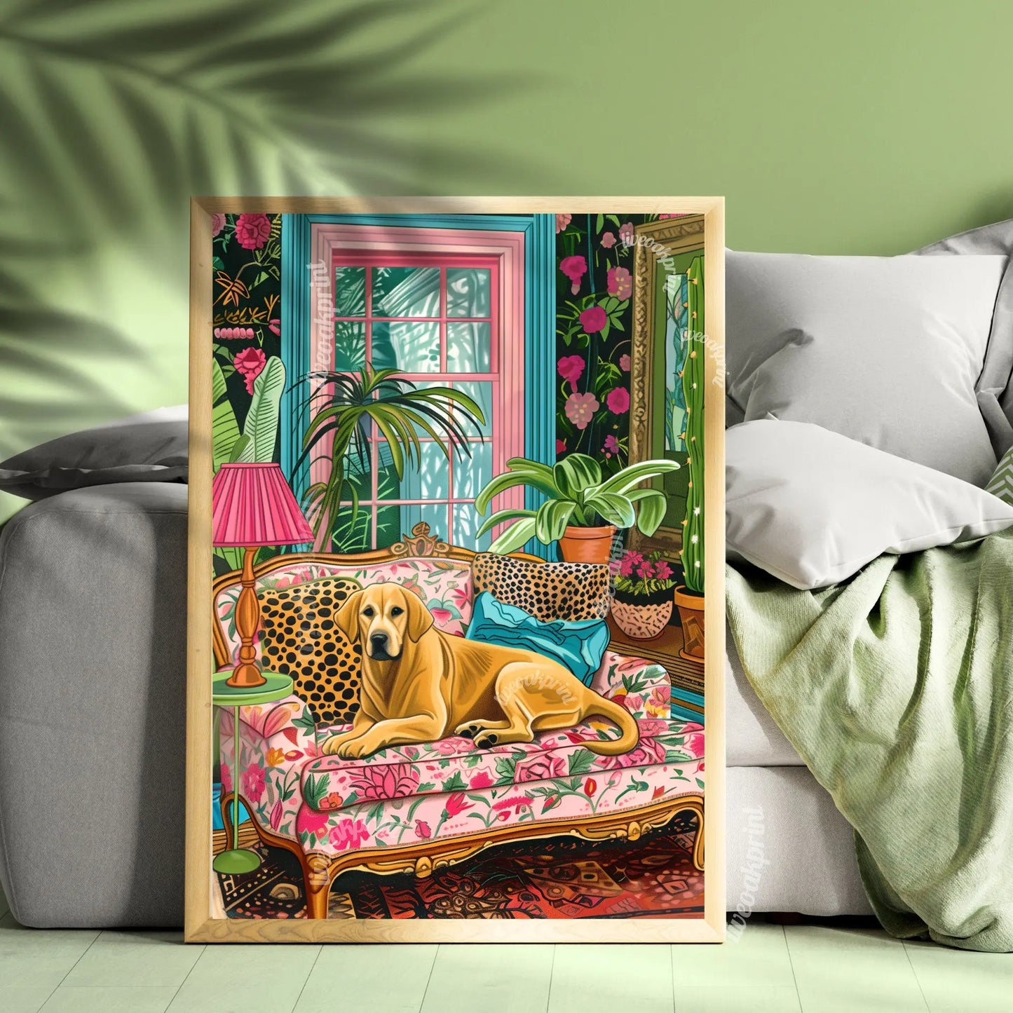 Labrador Lounging on a Luxury Sofa - Maximalist Yellow Lab Print - Lab Dog Print - Yellow Lab Wall Art - Labrador Gift LiveOakPrint