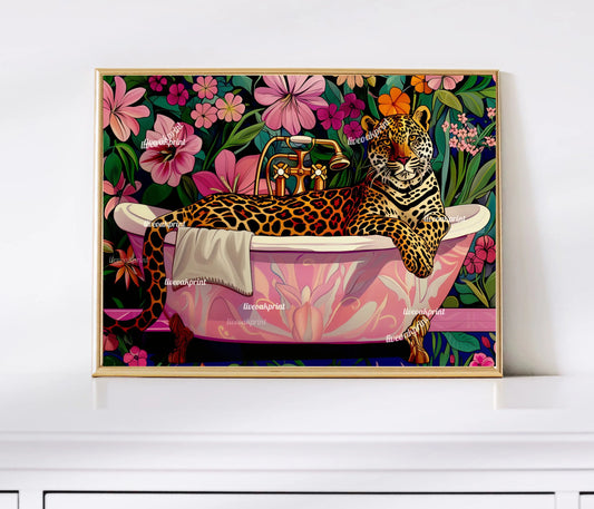 Leopard In A Bathtub In A Luxury Bathroom - Horizontal Bathroom Art - Maximalist Bathroom Print - Leopard Bathroom Print LiveOakPrint