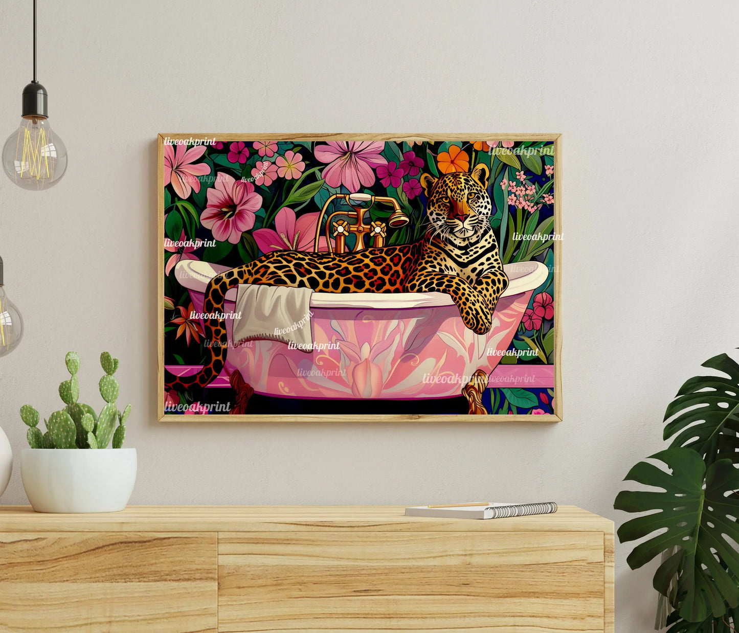 Leopard In A Bathtub In A Luxury Bathroom - Horizontal Bathroom Art - Maximalist Bathroom Print - Leopard Bathroom Print LiveOakPrint