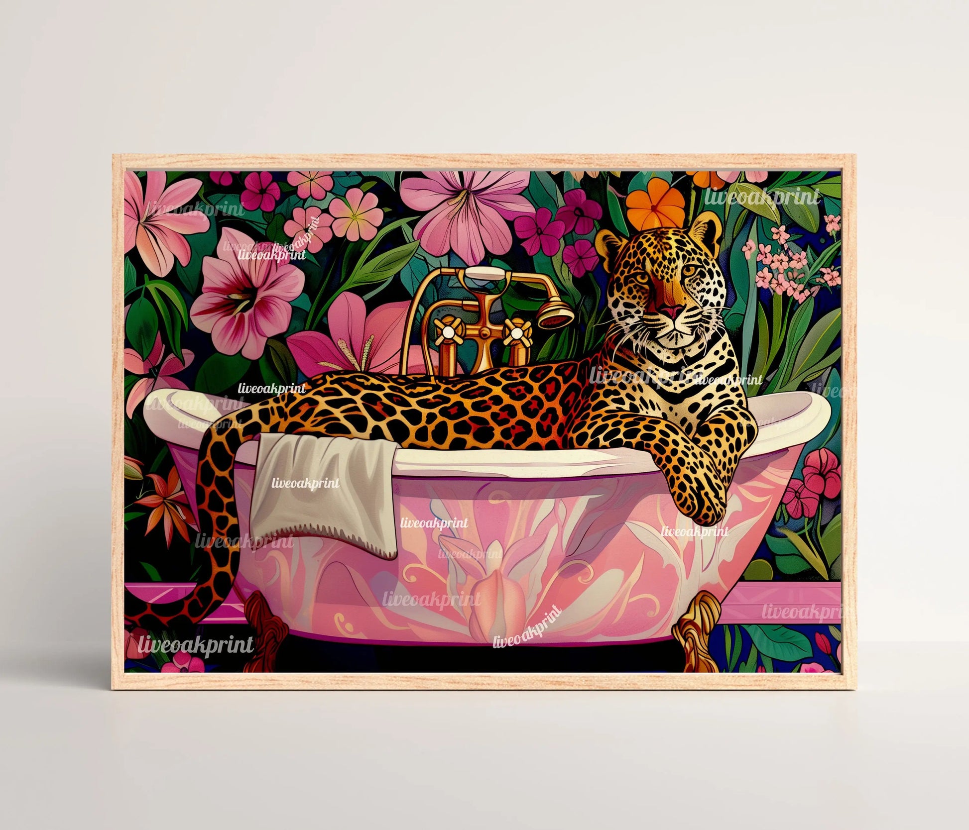 Leopard In A Bathtub In A Luxury Bathroom - Horizontal Bathroom Art - Maximalist Bathroom Print - Leopard Bathroom Print LiveOakPrint