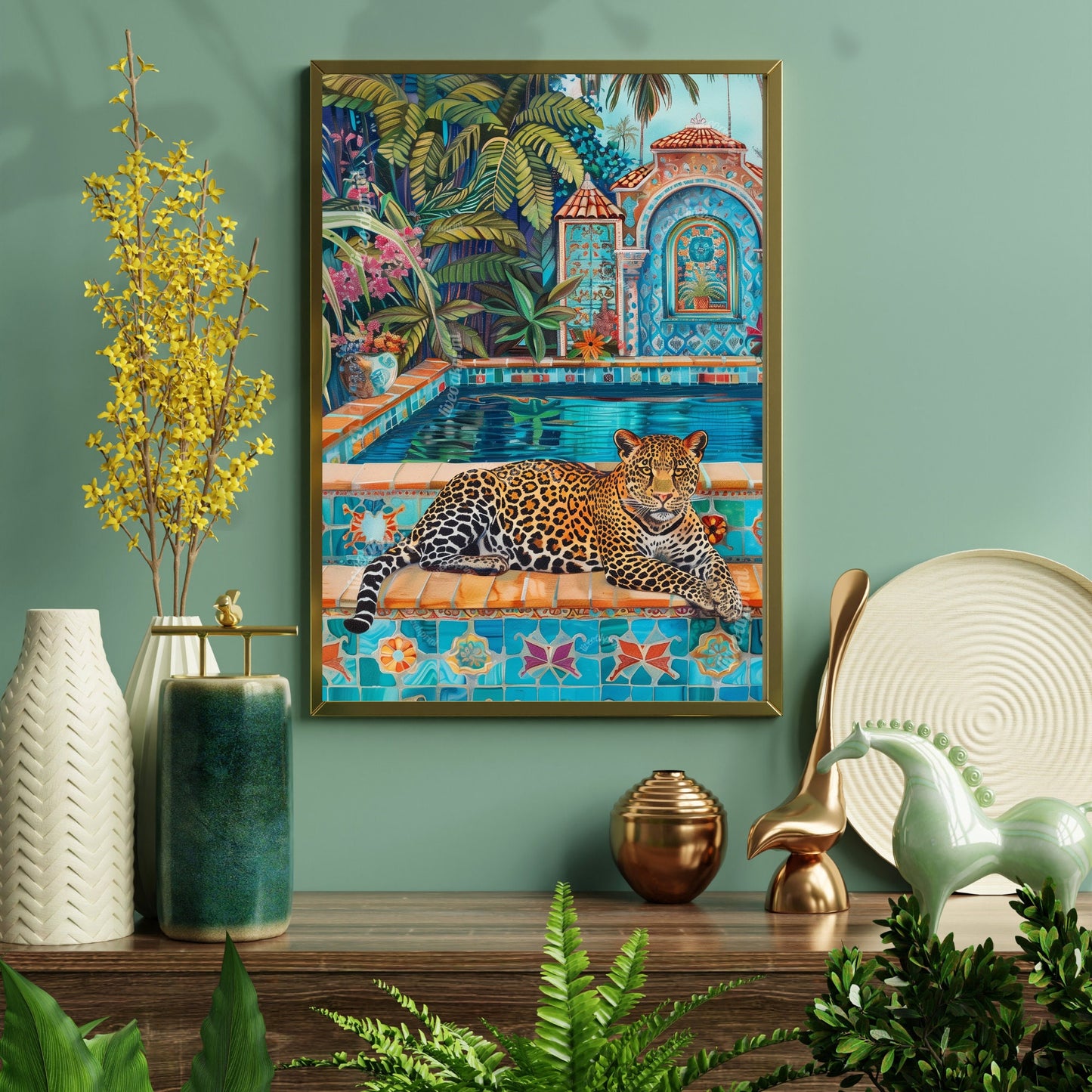 Leopard Lounging at a Fancy Pool - Maximalist Wall Art - European Wall Art - Leopard Summer Aesthetic - Leopard Wall Art LiveOakPrint