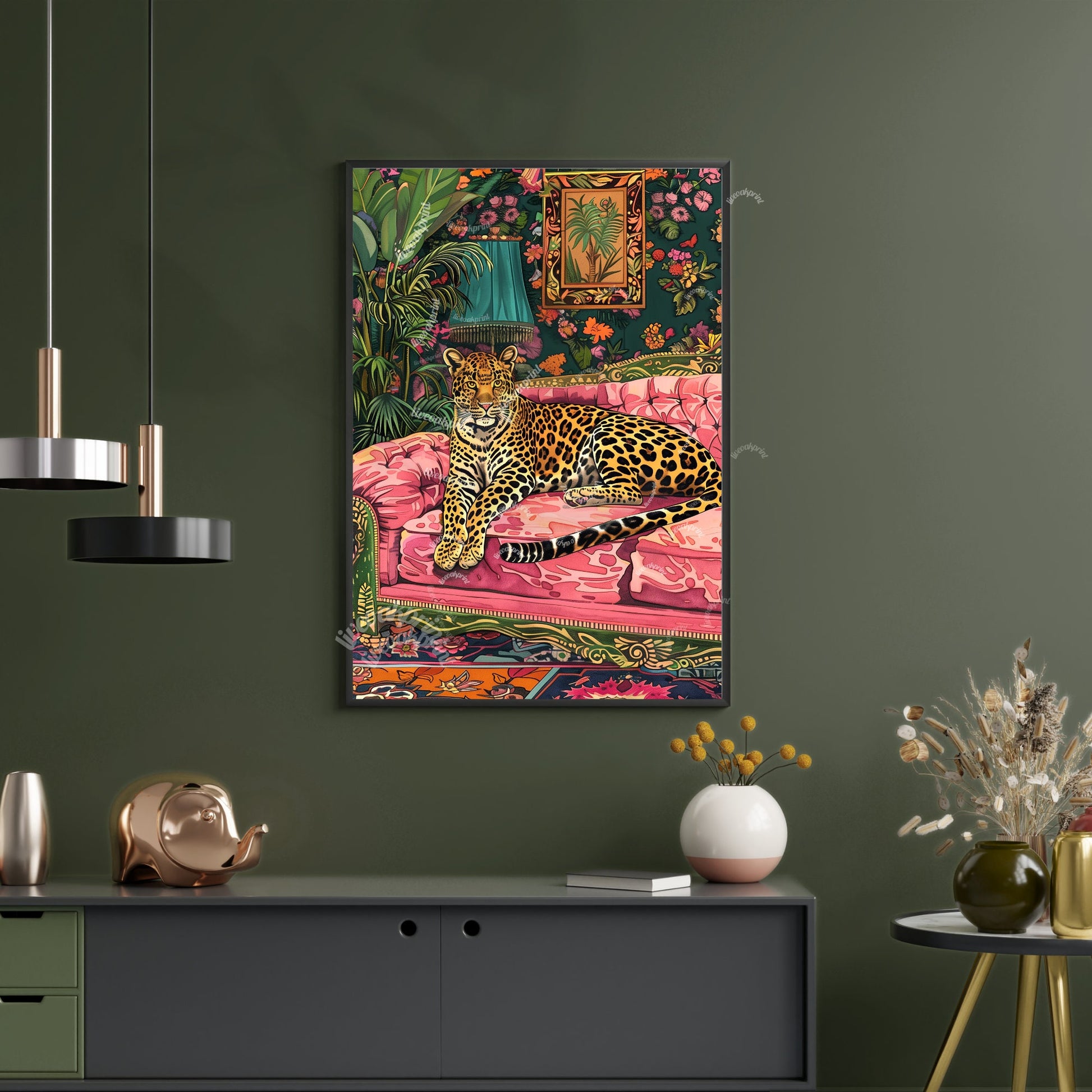 Leopard Lounging on a Luxury Sofa - Maximalist Wall Art - Leopard Print - Leopard Wall Art - Jungle Wall Decor - Leopard Living Room LiveOakPrint