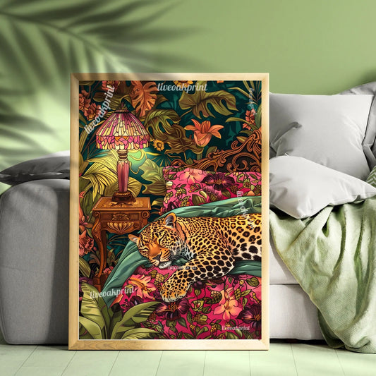 Leopard Sleeping In Bed - Maximalist Wall Art - Leopard Print - Leopard In Bed - Jungle Wall Decor - Leopard Bedroom LiveOakPrint