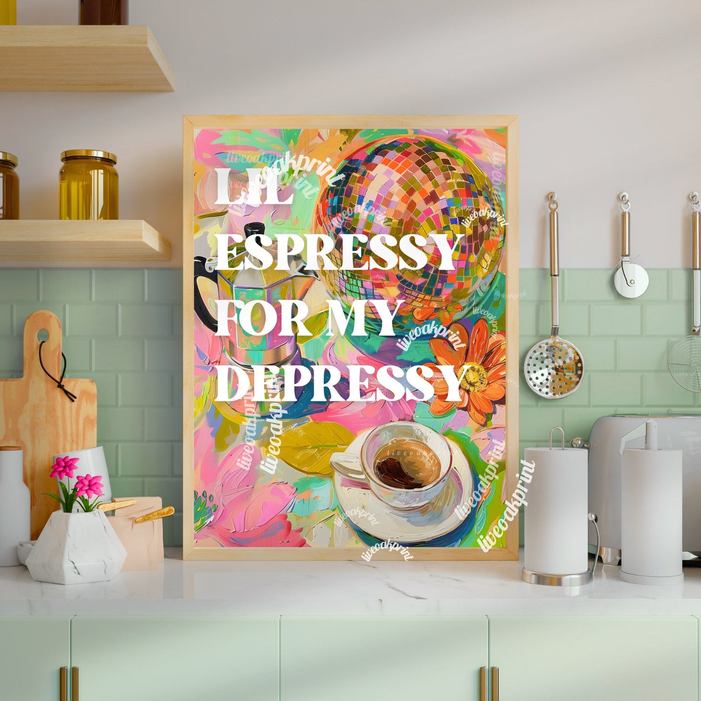 Lil Espressy for My Depressy - Funny Espresso Print - Disco Coffee Print - Disco Kitchen Art - Maximalist Kitchen Art - Espresso Wall Art LiveOakPrint