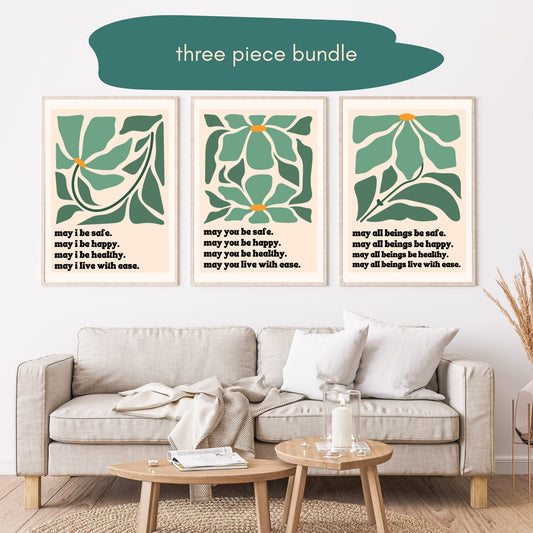 Loving Kindness Art Print Bundle of Three - Loving Kindness Meditation Wall Art - Metta Prayer - Minimalist Three Print Set - Unframed LiveOakPrint