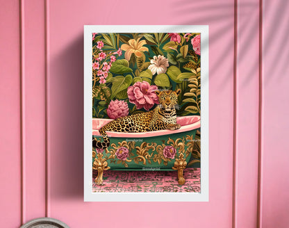 Luxurious Leopard In A Bathtub - Maximalist Bathroom Decor - Leopard Bathroom Print - Maximalist Leopard Print- Jungle Wall Decor LiveOakPrint