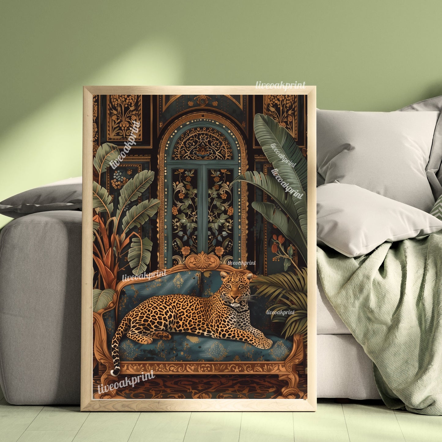 Luxury Leopard In A Dark Academia Living Room - Dark Boho Print - Maximalist Wall Art - Leopard Print - Whimsigoth Living Room LiveOakPrint