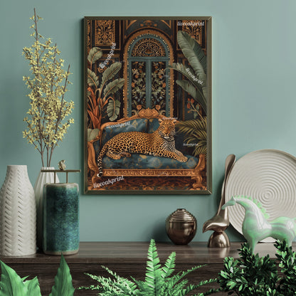 Luxury Leopard In A Dark Academia Living Room - Dark Boho Print - Maximalist Wall Art - Leopard Print - Whimsigoth Living Room LiveOakPrint