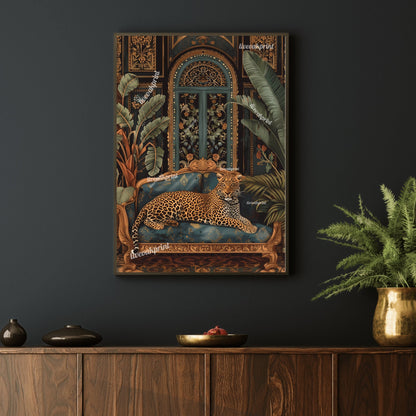 Luxury Leopard In A Dark Academia Living Room - Dark Boho Print - Maximalist Wall Art - Leopard Print - Whimsigoth Living Room LiveOakPrint