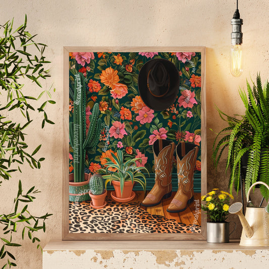 Maximalist Cowgirl Boots Print - Leopard Print - Bold Eclectic Art - Western Decor - Trendy Cowgirl Art - Cowboy Boots Print LiveOakPrint