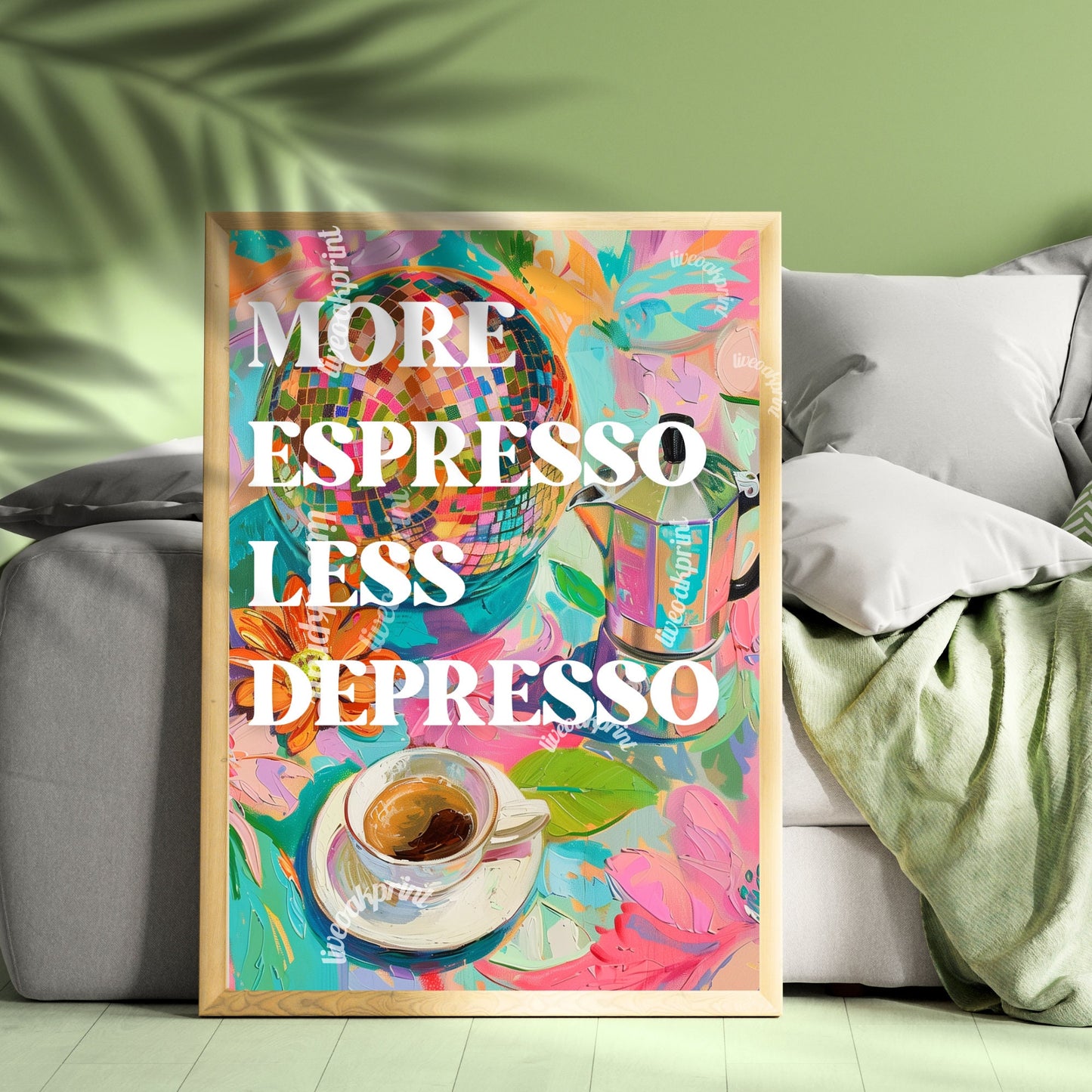 More Espresso Less Depresso Print - Disco Coffee Print - Disco Kitchen Art - Maximalist Kitchen Wall Art LiveOakPrint