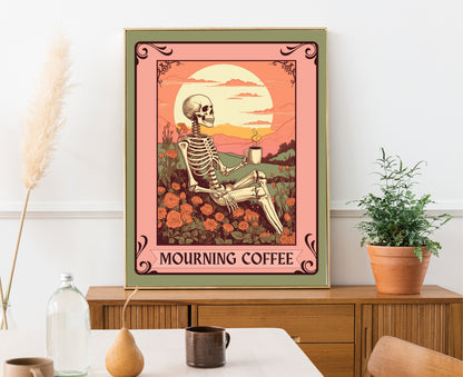 Mourning Coffee Sign - UNFRAMED - Gothic Kitchen Art - Spooky Kitchen Sign - Coffee Tarot Art - Coffee Tarot Card - Skeleton Art LiveOakPrint