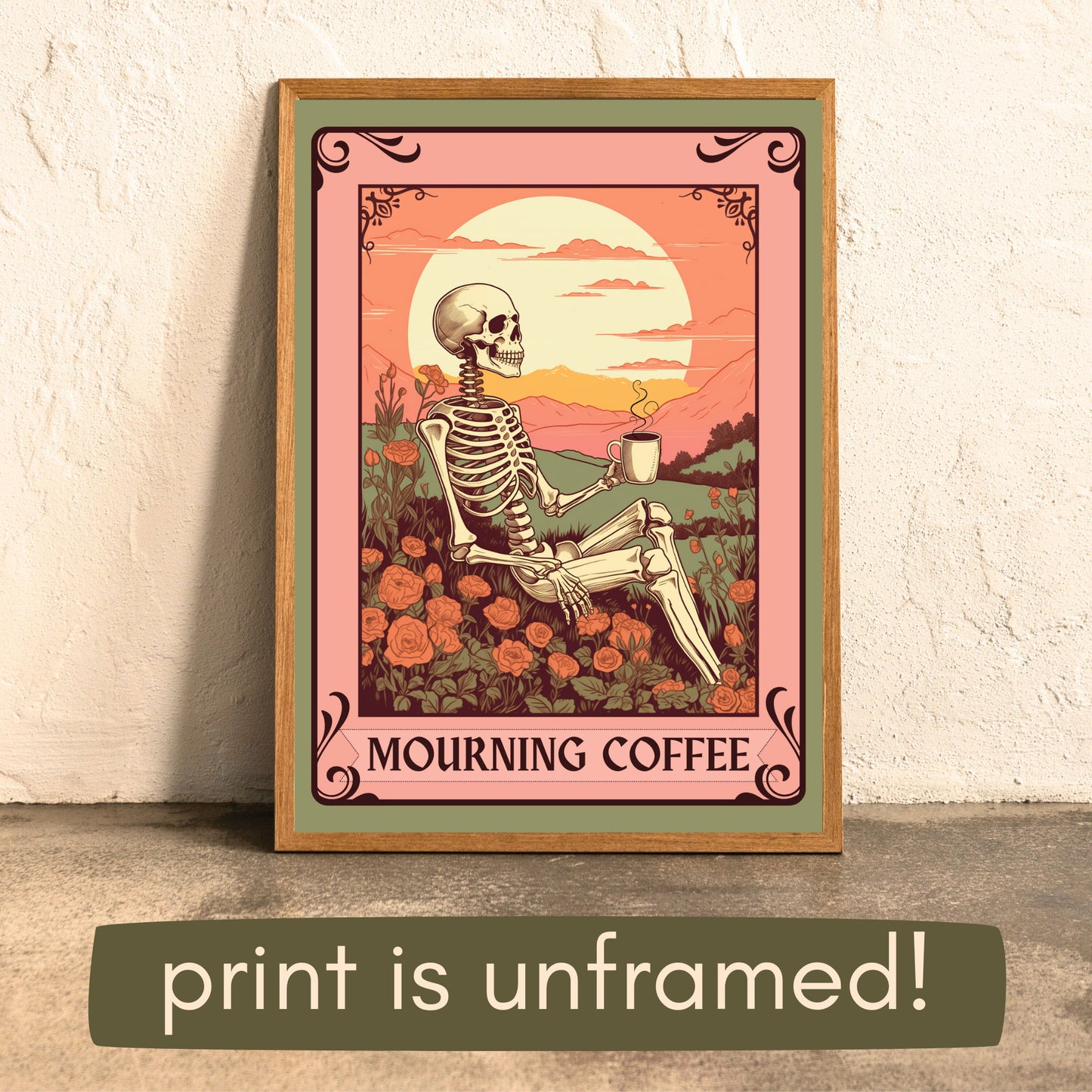 Mourning Coffee Sign - UNFRAMED - Gothic Kitchen Art - Spooky Kitchen Sign - Coffee Tarot Art - Coffee Tarot Card - Skeleton Art LiveOakPrint