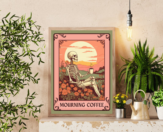 Mourning Coffee Sign - UNFRAMED - Gothic Kitchen Art - Spooky Kitchen Sign - Coffee Tarot Art - Coffee Tarot Card - Skeleton Art LiveOakPrint