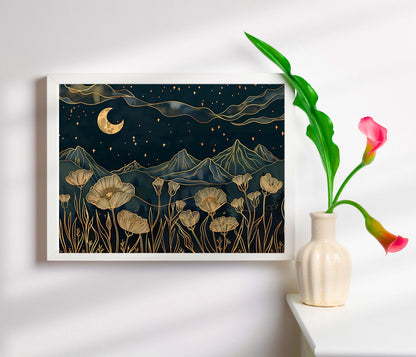 Navy Blue Moon and Poppies - Mountain Views Wall Art - Celestial Wall Art - Magic Moon Art - Whimsical Wall Art - Poppy Flower Print LiveOakPrint