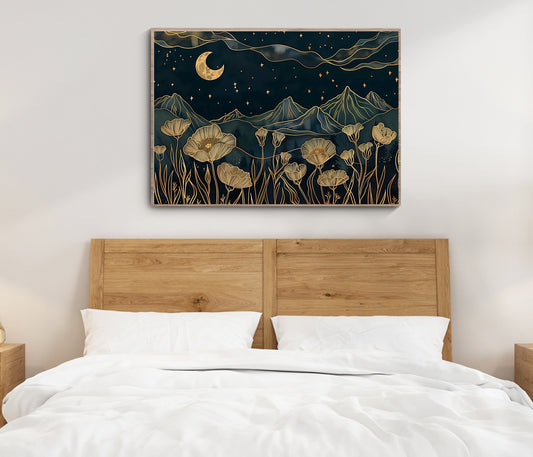 Navy Blue Moon and Poppies - Mountain Views Wall Art - Celestial Wall Art - Magic Moon Art - Whimsical Wall Art - Poppy Flower Print LiveOakPrint