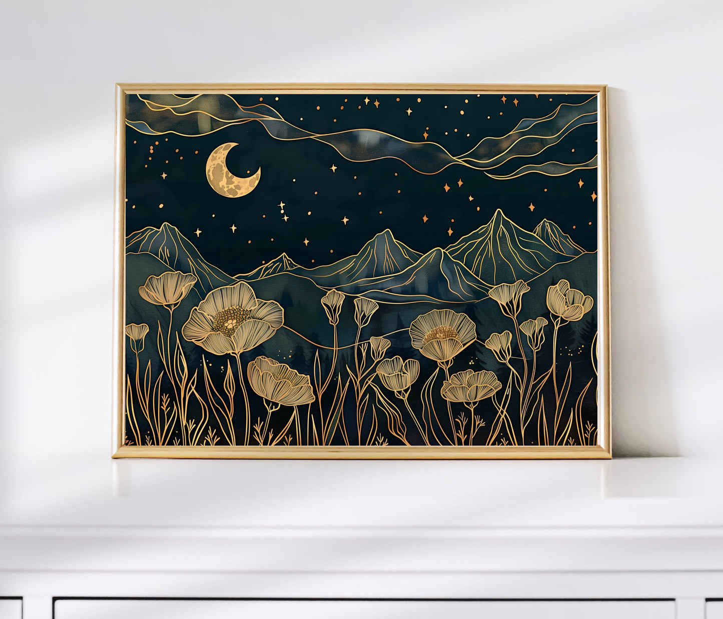 Navy Blue Moon and Poppies - Mountain Views Wall Art - Celestial Wall Art - Magic Moon Art - Whimsical Wall Art - Poppy Flower Print LiveOakPrint