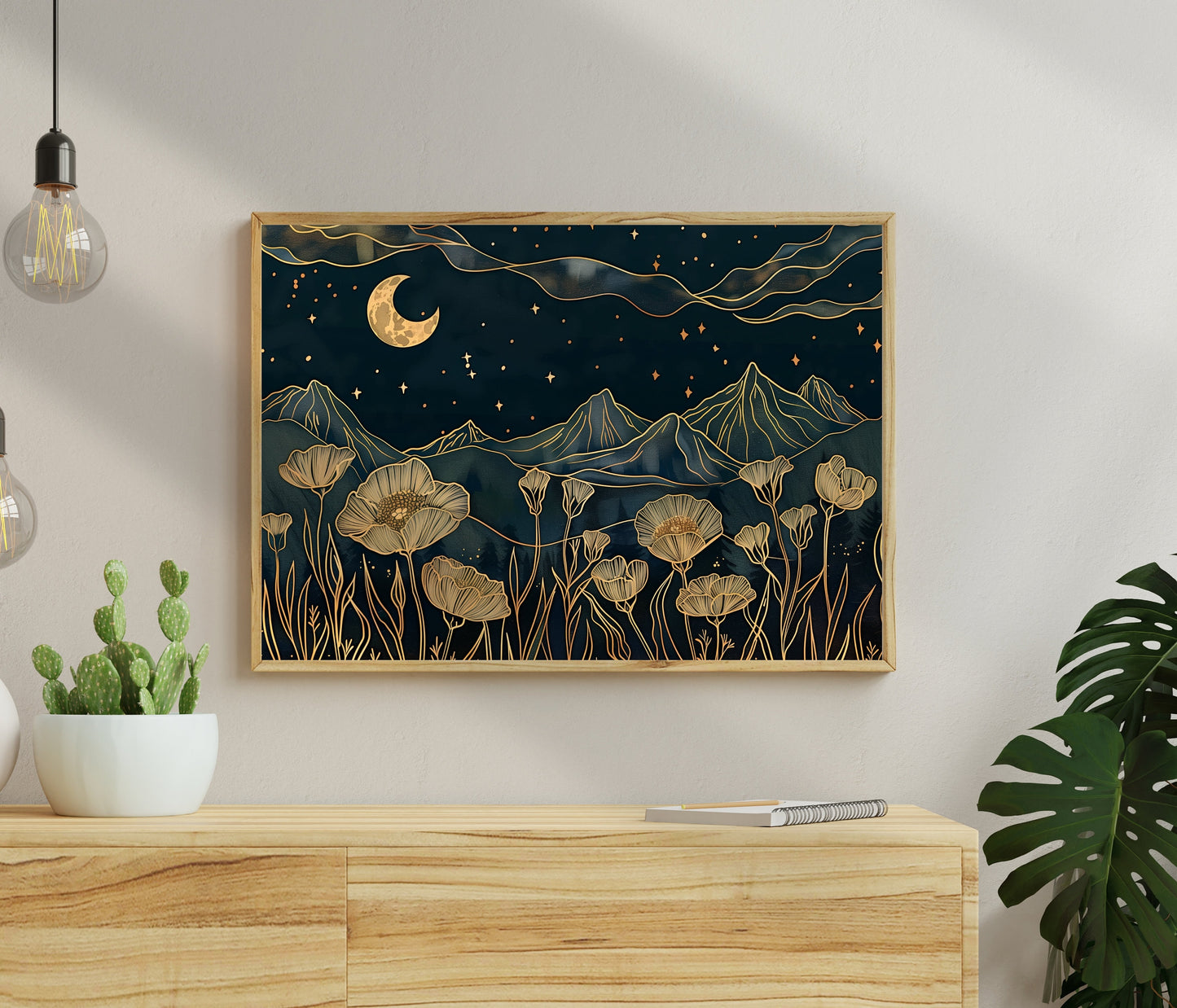 Navy Blue Moon and Poppies - Mountain Views Wall Art - Celestial Wall Art - Magic Moon Art - Whimsical Wall Art - Poppy Flower Print LiveOakPrint