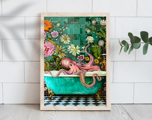 Octopus In A Bathtub In A Luxury Bathroom - Maximalist Bathroom Decor - Octopus Print - Octopus Wall Art - Eclectic Bathroom Decor LiveOakPrint