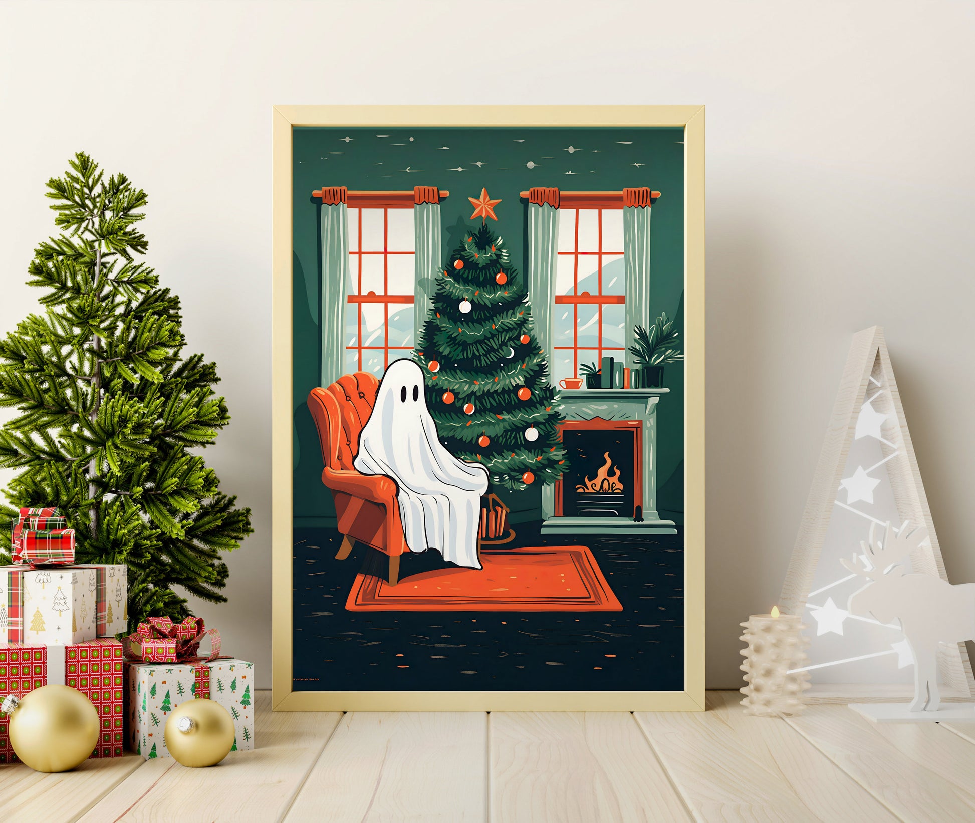 Oscar the Ghost Christmas Special - Cute Ghost Christmas Print - Cozy Living Room Print - Retro Ghost Print LiveOakPrint