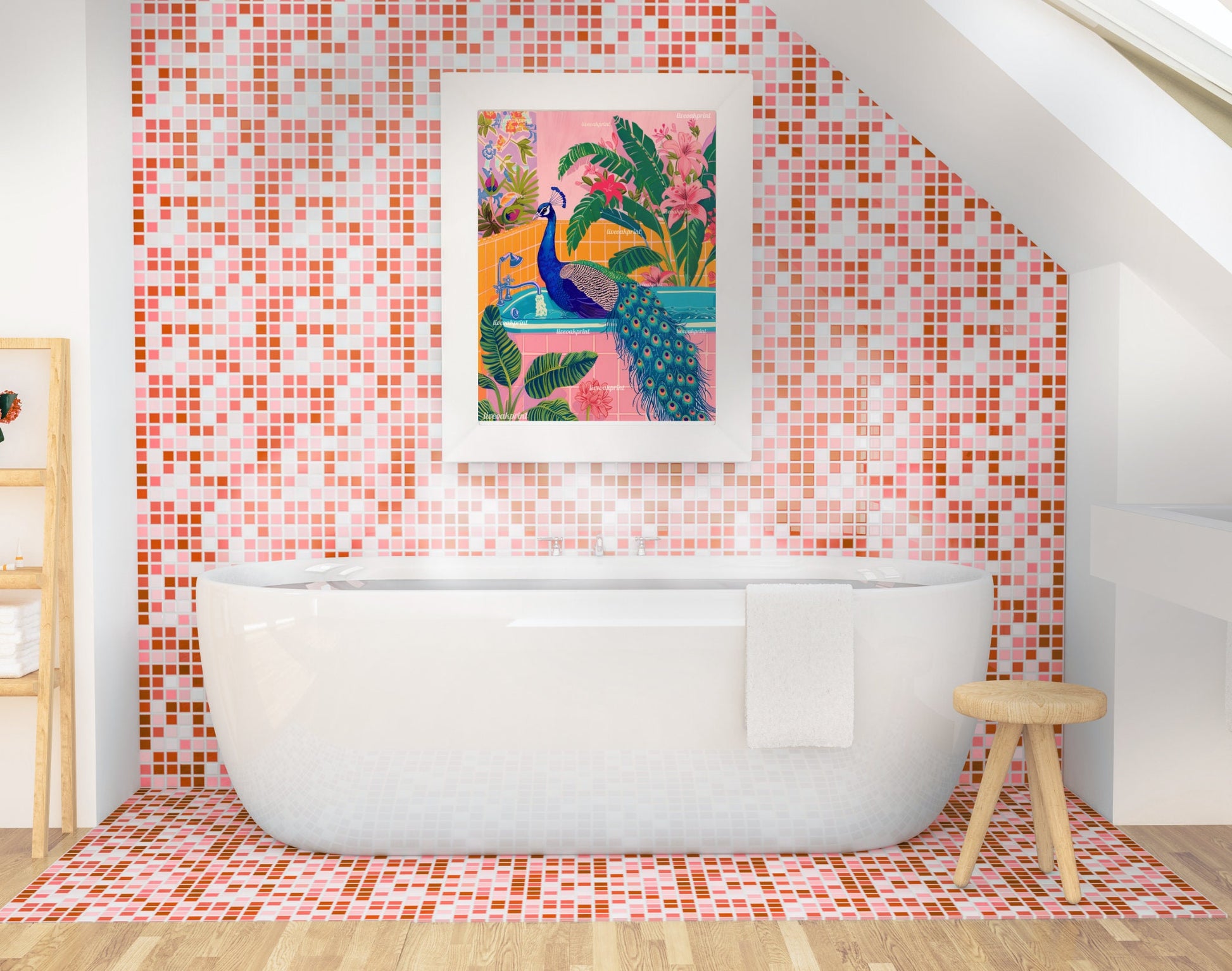 Peacock in A Bathtub - Tropical Bathroom Art - Pink Maximalist Bathroom Print - Boho Bathroom - Jungle Bathroom - Maximalist Wall Art LiveOakPrint