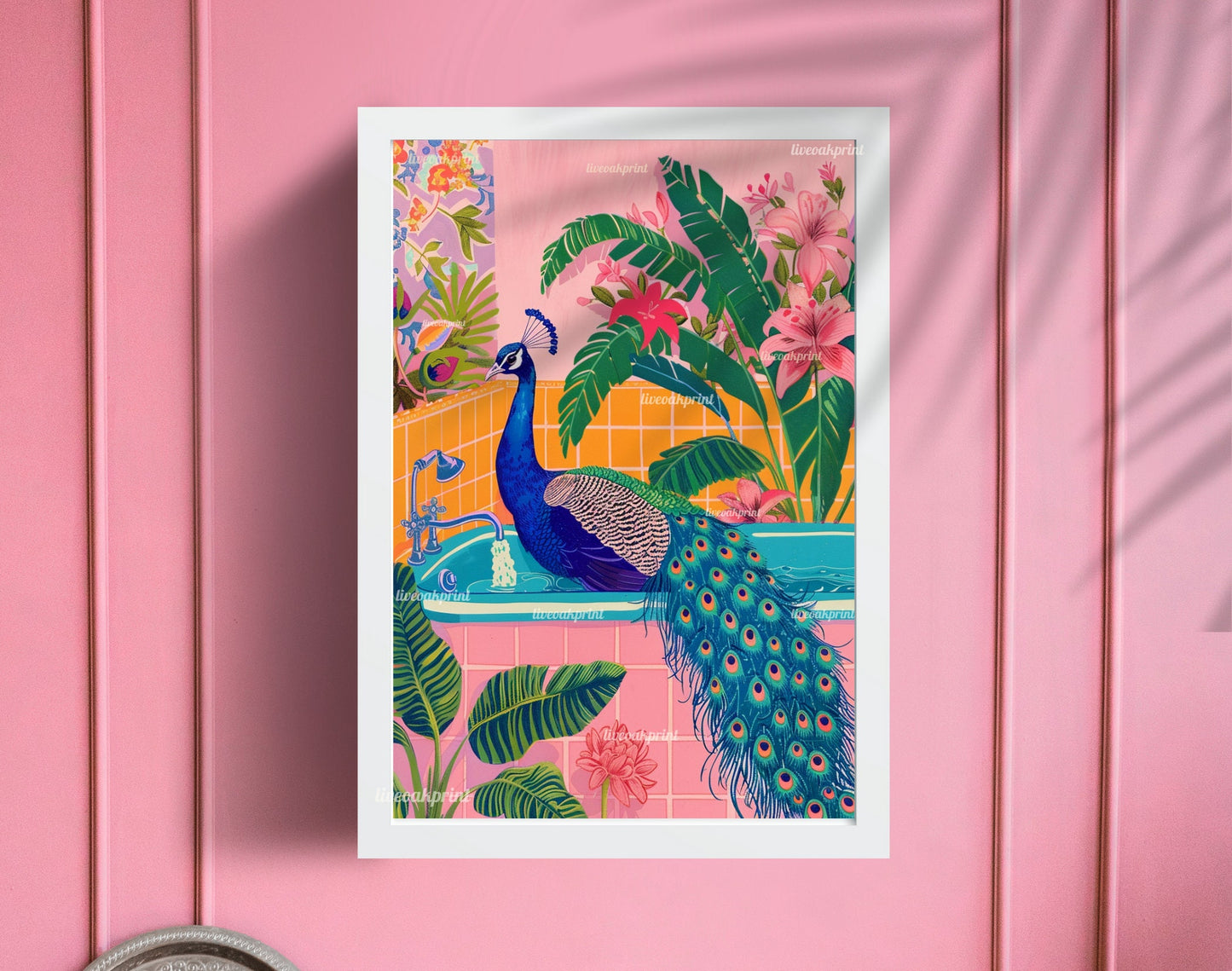 Peacock in A Bathtub - Tropical Bathroom Art - Pink Maximalist Bathroom Print - Boho Bathroom - Jungle Bathroom - Maximalist Wall Art LiveOakPrint