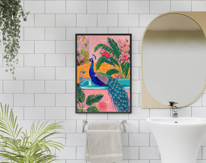 Peacock in A Bathtub - Tropical Bathroom Art - Pink Maximalist Bathroom Print - Boho Bathroom - Jungle Bathroom - Maximalist Wall Art LiveOakPrint