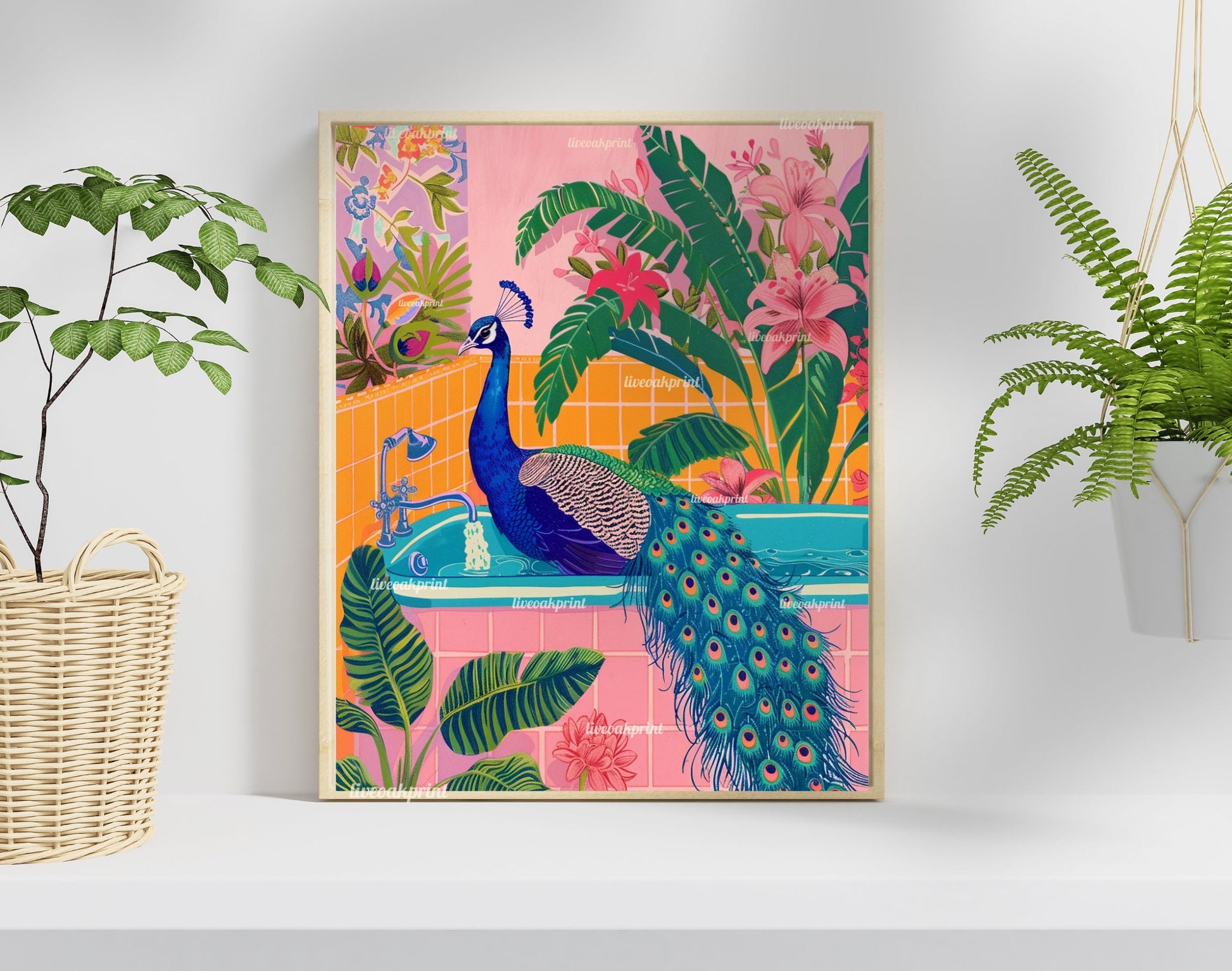 Peacock in A Bathtub - Tropical Bathroom Art - Pink Maximalist Bathroom Print - Boho Bathroom - Jungle Bathroom - Maximalist Wall Art LiveOakPrint