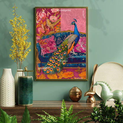 Peacock on a Sofa Print - Peacock Wall Art - Maximalist Living Room - Pink Maximalist Print Luxury Wall Art - Tropical Living Room Decor LiveOakPrint