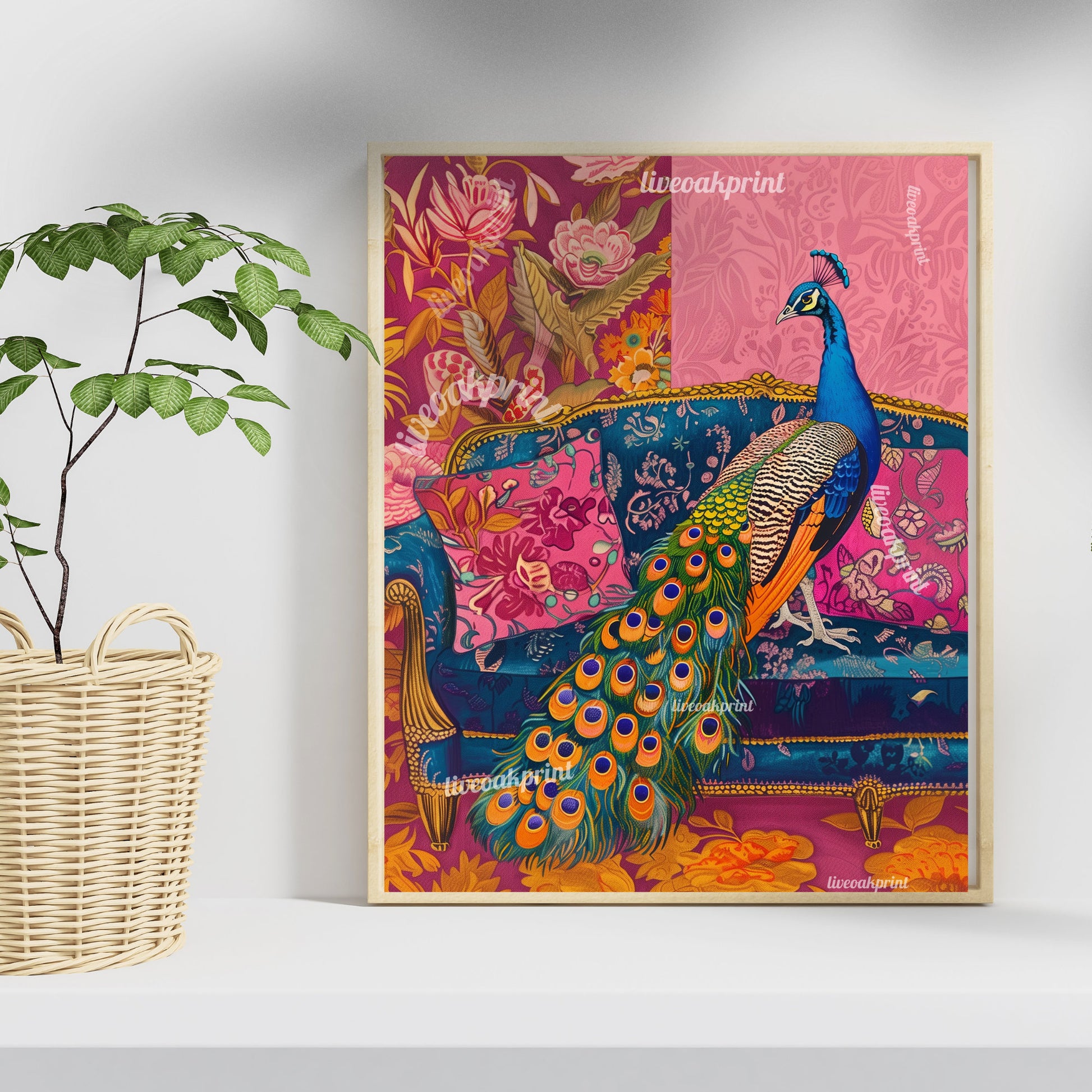 Peacock on a Sofa Print - Peacock Wall Art - Maximalist Living Room - Pink Maximalist Print Luxury Wall Art - Tropical Living Room Decor LiveOakPrint