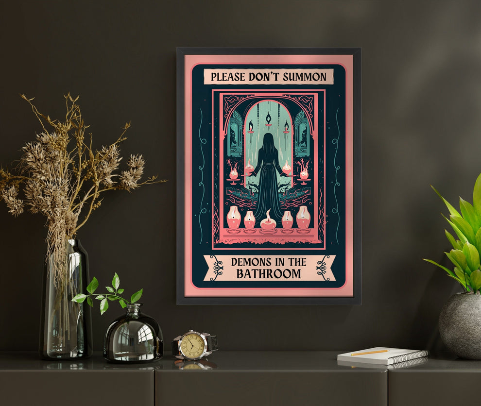Please Don't Summon Demons In The Bathroom (No Border Version) Tarot Card Print - Bathroom Wall Art - Vintage Halloween - Framed or Unframed LiveOakPrint