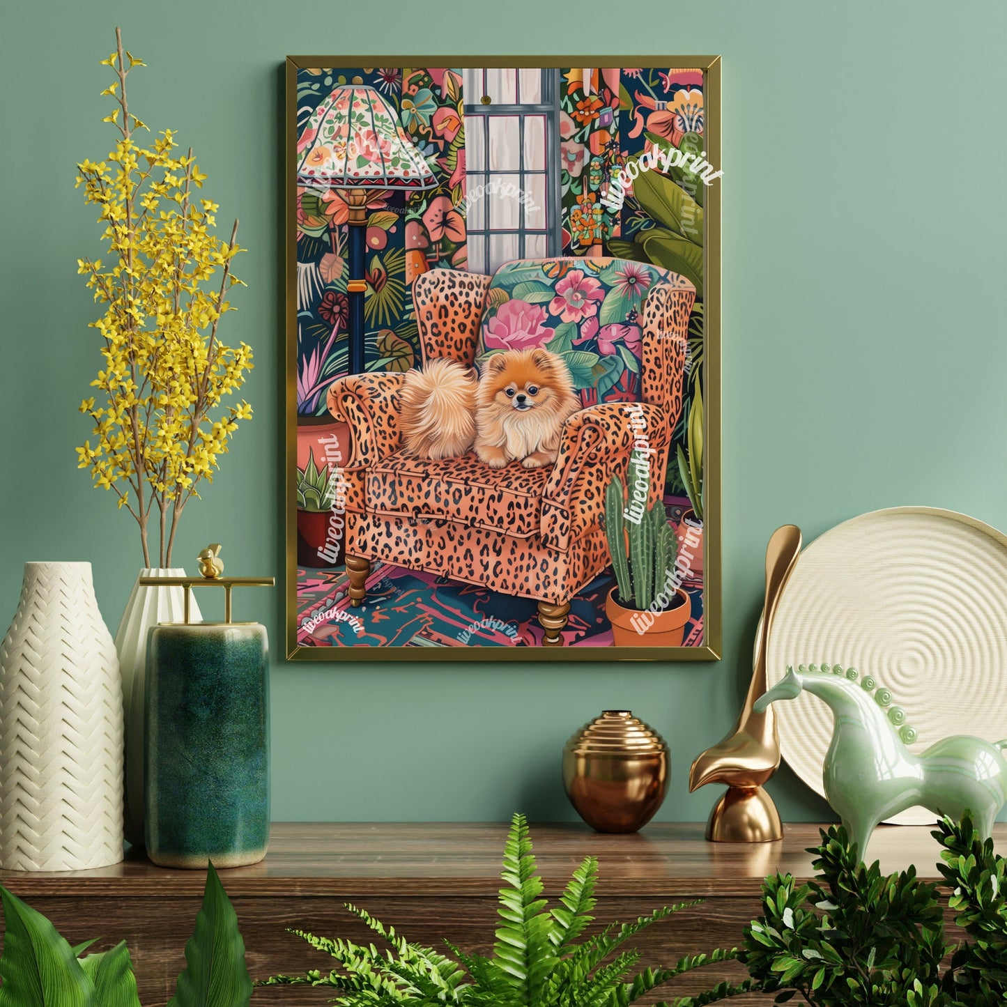 Pomeranian Lounging on a Luxury Sofa - Maximalist Wall Art - Pomeranian Dog Print - Maximalism Dog Print LiveOakPrint