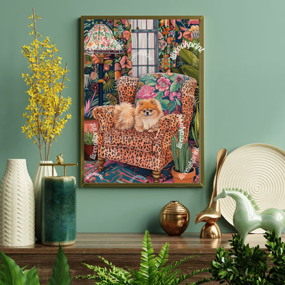 Pomeranian Lounging on a Luxury Sofa - Maximalist Wall Art - Pomeranian Dog Print - Maximalism Dog Print LiveOakPrint