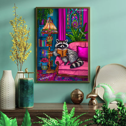 Reading Raccoon - A Cozy Raccoon Reads In A Luxury Living Room - Woodland Animal Decor - Raccoon Print LiveOakPrint