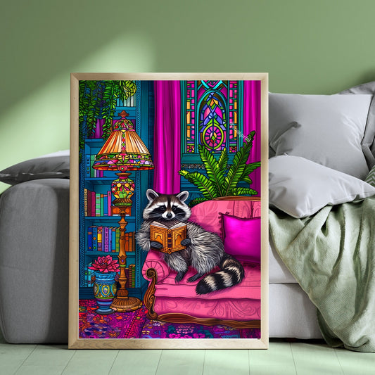 Reading Raccoon - A Cozy Raccoon Reads In A Luxury Living Room - Woodland Animal Decor - Raccoon Print LiveOakPrint