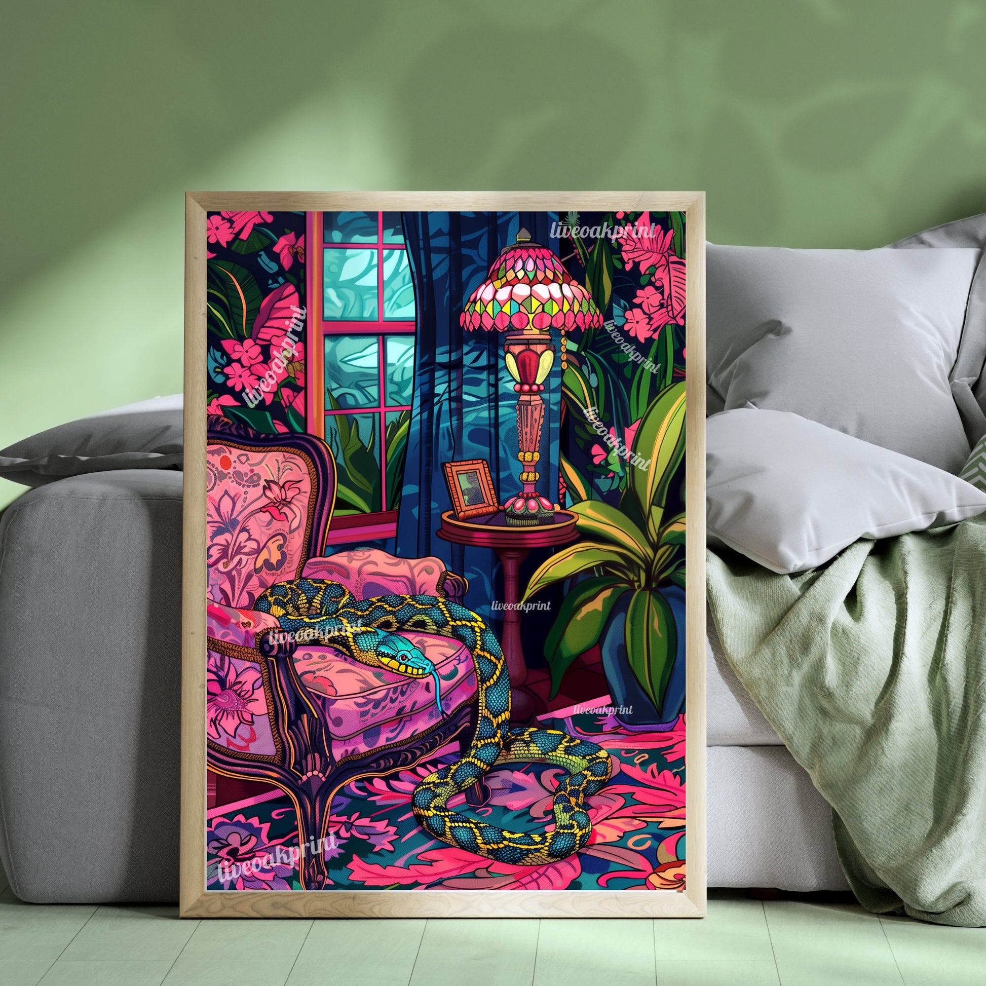 Reptile Relaxation - Snake In A Living Room - Maximalist Snake Print - Snake Wall Art - Jungle Wall Decor - Maximalist Living Room LiveOakPrint