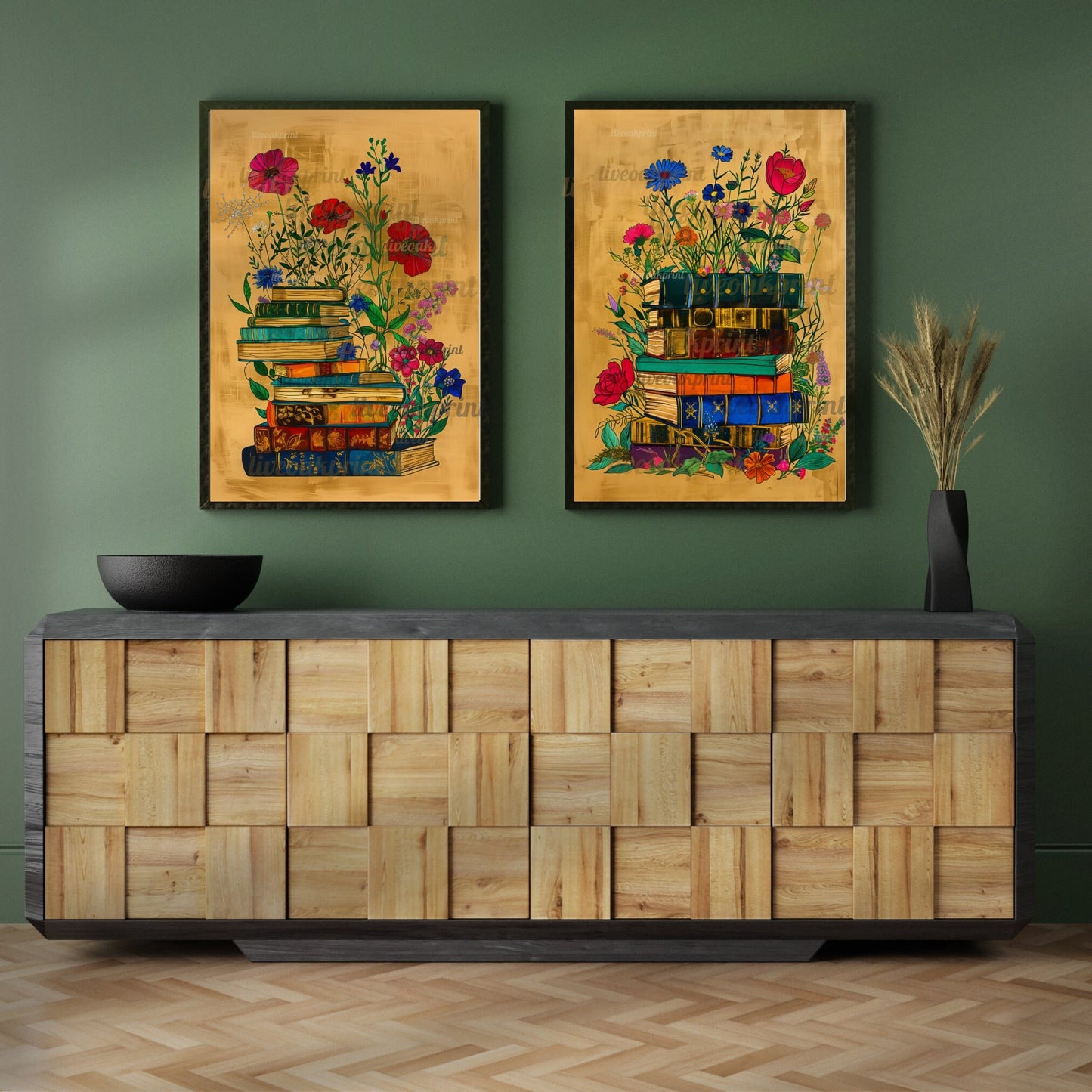 Set Of Two Reading Art Prints - Stack of Books with Flowers - Bookish Print - Reading Nook Decor - Reader Gift - Books Wall Decor - Library LiveOakPrint