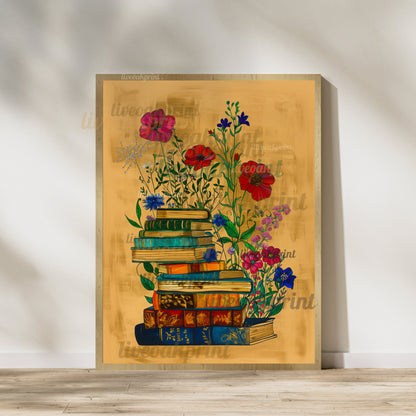 Set Of Two Reading Art Prints - Stack of Books with Flowers - Bookish Print - Reading Nook Decor - Reader Gift - Books Wall Decor - Library LiveOakPrint