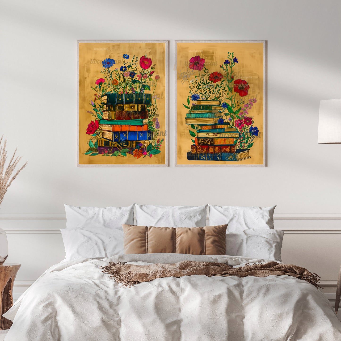 Set Of Two Reading Art Prints - Stack of Books with Flowers - Bookish Print - Reading Nook Decor - Reader Gift - Books Wall Decor - Library LiveOakPrint