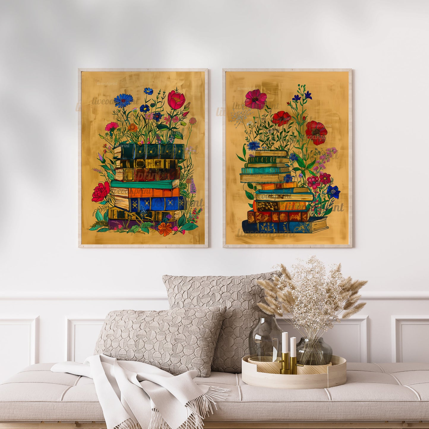 Set Of Two Reading Art Prints - Stack of Books with Flowers - Bookish Print - Reading Nook Decor - Reader Gift - Books Wall Decor - Library LiveOakPrint